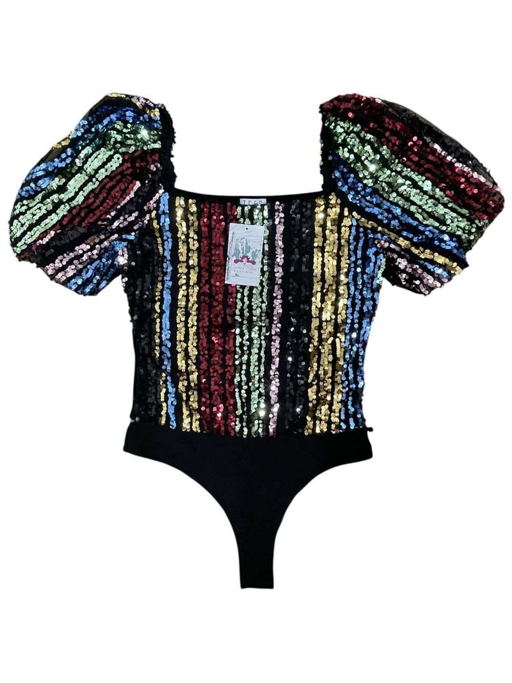 Sequin Puff Sleeve Velvet Bodysuit Top Black Rainbow Medium